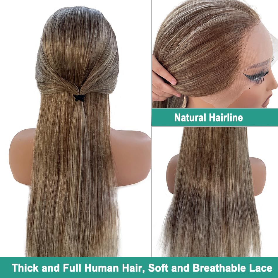 Image of Munx Ash Blonde Lace Front Wig Human Hair, 13x4 Ombre Lace Front Wig Human Hair 180% Density Glueless Ombre Highlight Straight HD Lace Frontal Wig Human Hair Balayage Color 30in