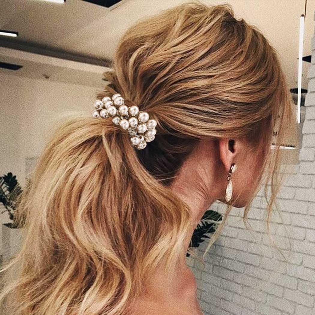 CAKURE Pearl Scrunchies Beaded Hair Ties Decorative Ponytail Holder Pearl Hair Accessories for Women and Girls (Pack of 3)