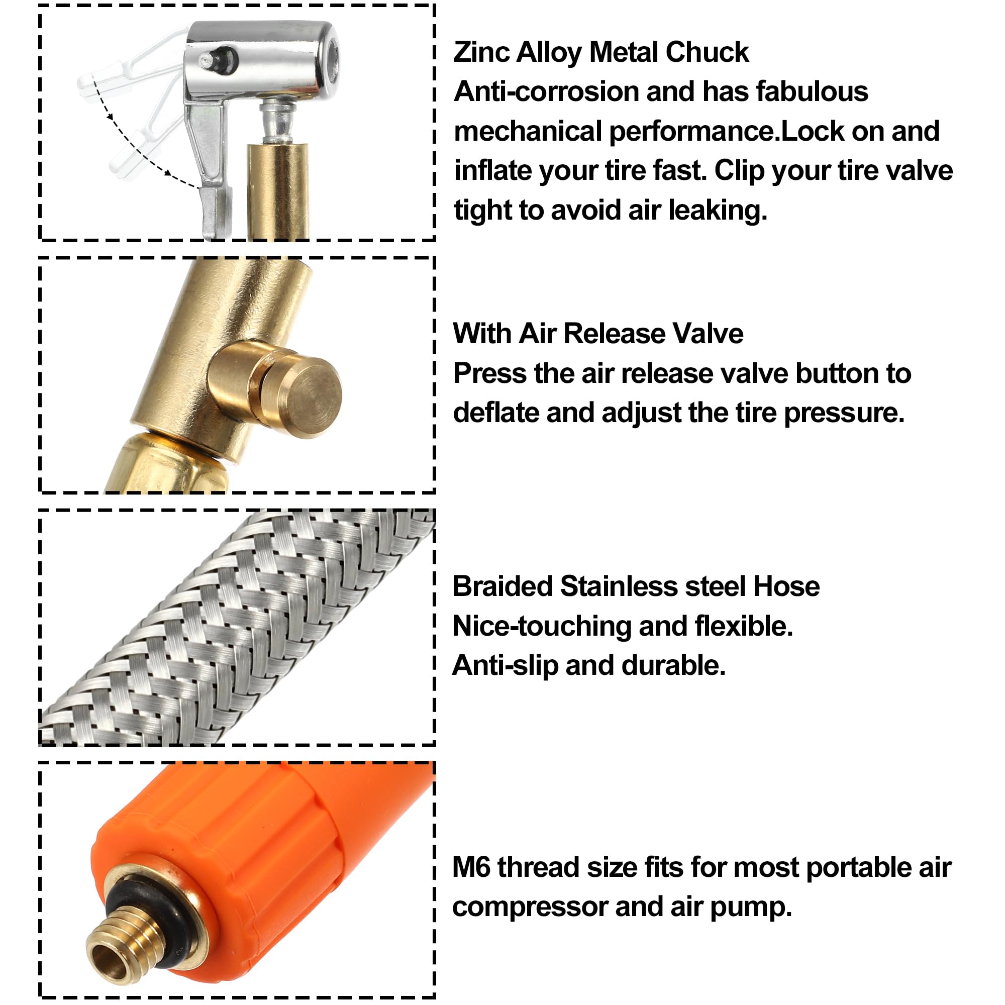 Adattatore Gonfia Pneumatici M6 - Tubo Flessibile 50cm Con Valvola Rilascio Aria, Per Auto E Moto - Foto 9