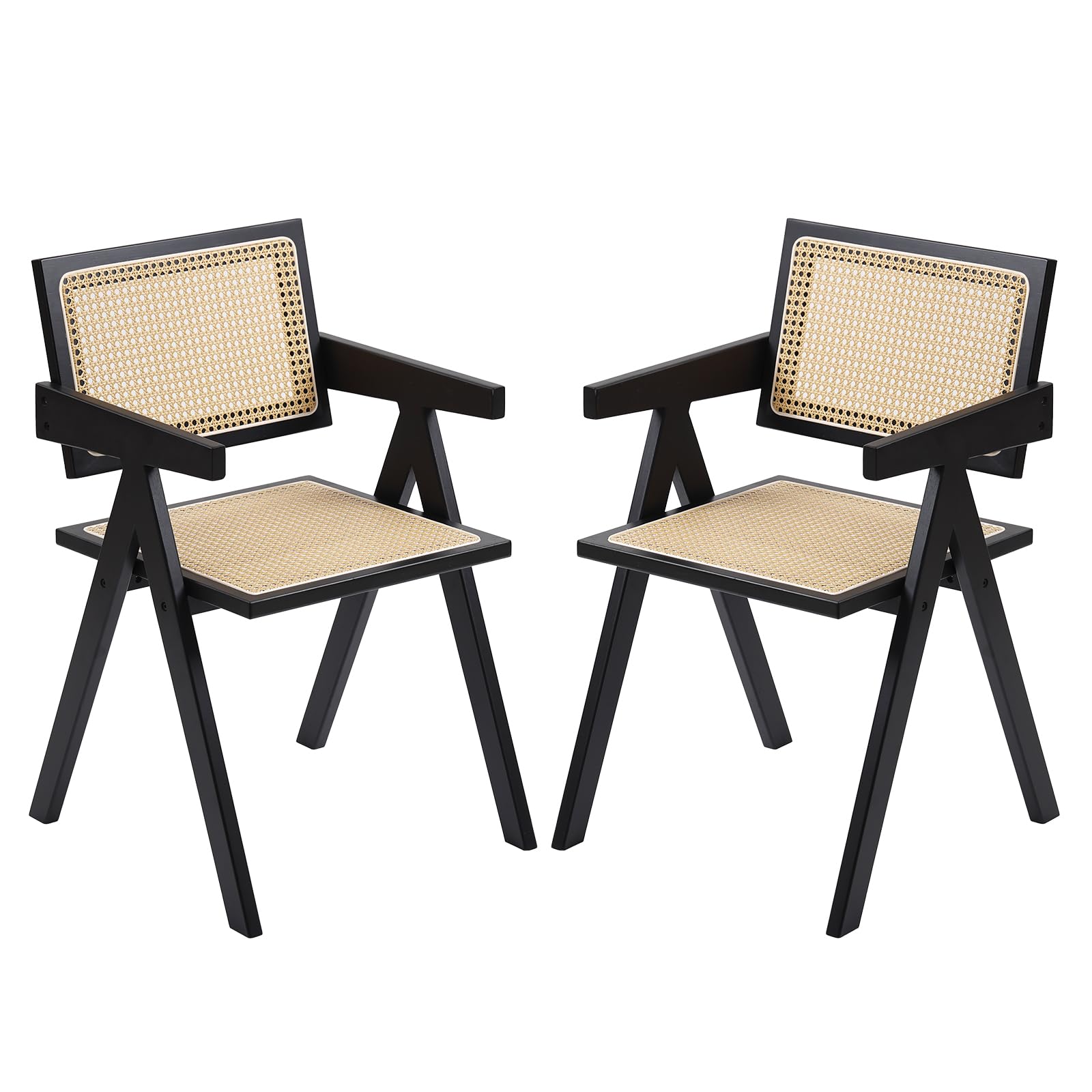 Furlide Rattan Dining Chairs Set of 2, Modern Mid Century Dining Chairs with Arms, Outdoor Bamboo Chairs for Bedroom, Living Room, Reading Room, Black