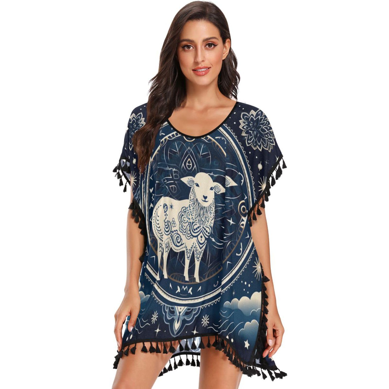 Abstract Sheep Art Women's Beach Cover Up Chiffon Tassel Swimwear Swimsuit Coverups for Girl
