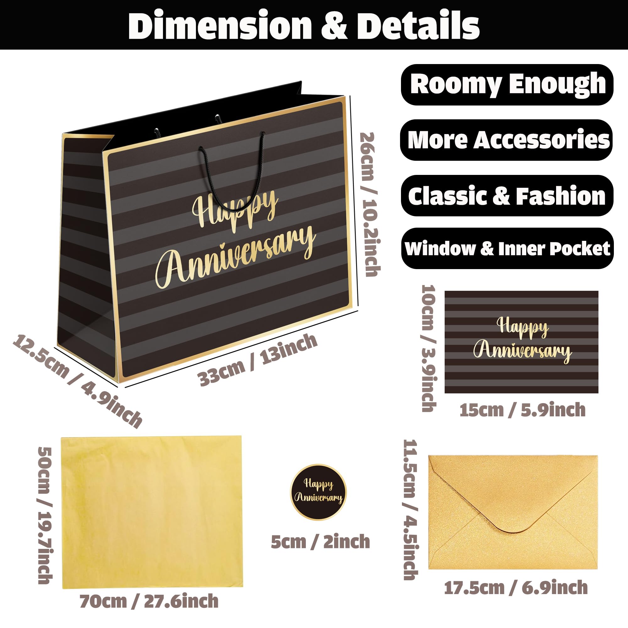 Sumerk 13" Large Anniversary Paper Bag with Tissue Papers and Greeting Card, Envelope and Stickers - Special Anniversary Wrapping Bag with Clear Window and Card Holder