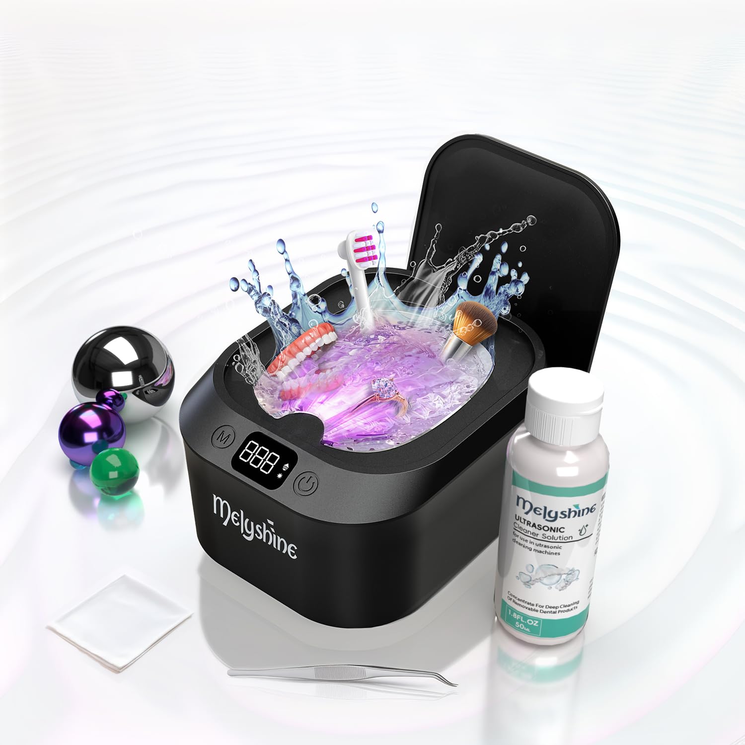 MELYSHINE ULTRASONIC RETAINER CLEANER MACHINE WITH CLEANING SOLUTION, TWEEZERS AND CLEANING WIPE & ULTRASONIC JEWELRY CLEANER, 3 MODES CLEANER FOR RETAINERS, 48 KHZ, 220 ML ULTRASONIC CLEANER