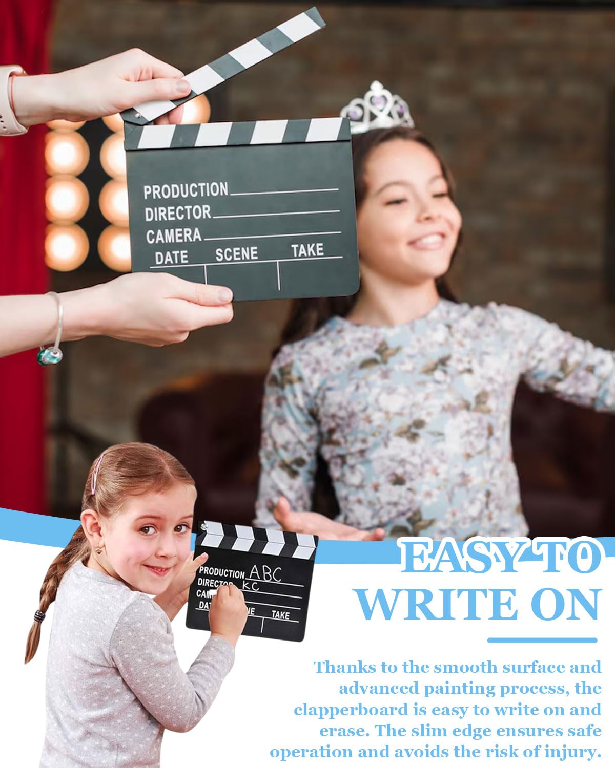 1 clap de cinéma en carton, 20 x 18 cm, clap de réalisateur, tableau de tournage, couverture à rabat, notes de scène, couverture effaçable, accessoire de tournage (noir et blanc)