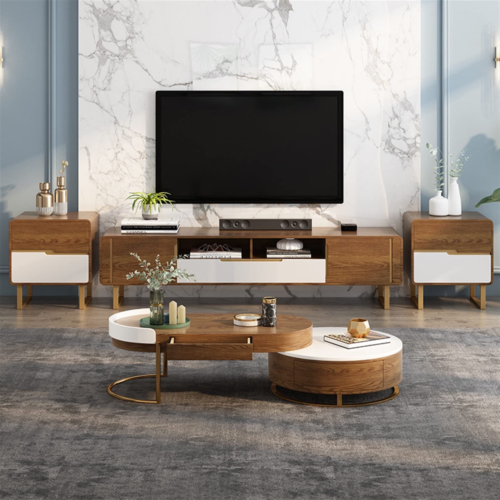 Houten Salontafel Met Lade En Wielen - L-vormig Set Voor Woonkamer (A)