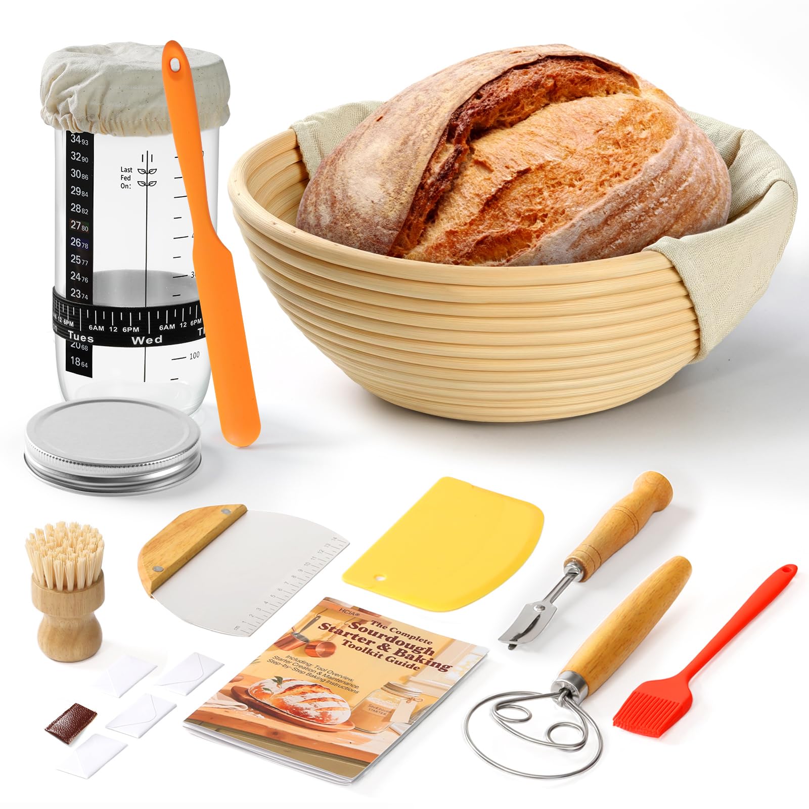 Complete Bread Proofing Basket Kit | All-in-One Set with Banneton(9 in), Sourdough Starter Jar Kit, Bread Lame, Dough Scraper, Whisk, Cutter Tools