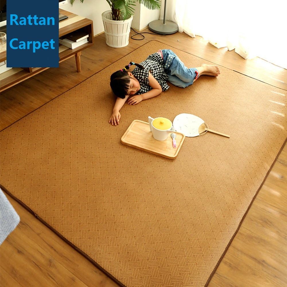 MAXYOYO Memory Foam Breathable Summer Sleeping Pad Cool Mattress Topper, Thickness 1.2 cm Large Rattan Mat Japanese Tatami Mat Boys Girls Non Slip Crawling Mat, 71 by 79 Inch