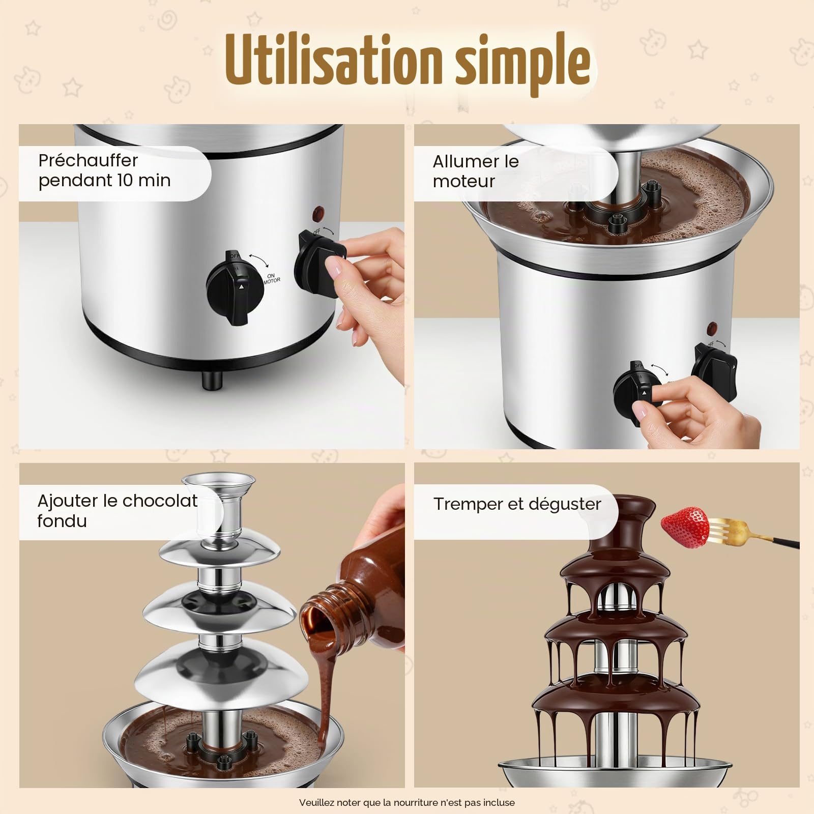 Fontaine à chocolat électrique en acier inoxydable à 4 niveaux 170 W 1,8 l pour les remises de diplômes, Halloween, Noël