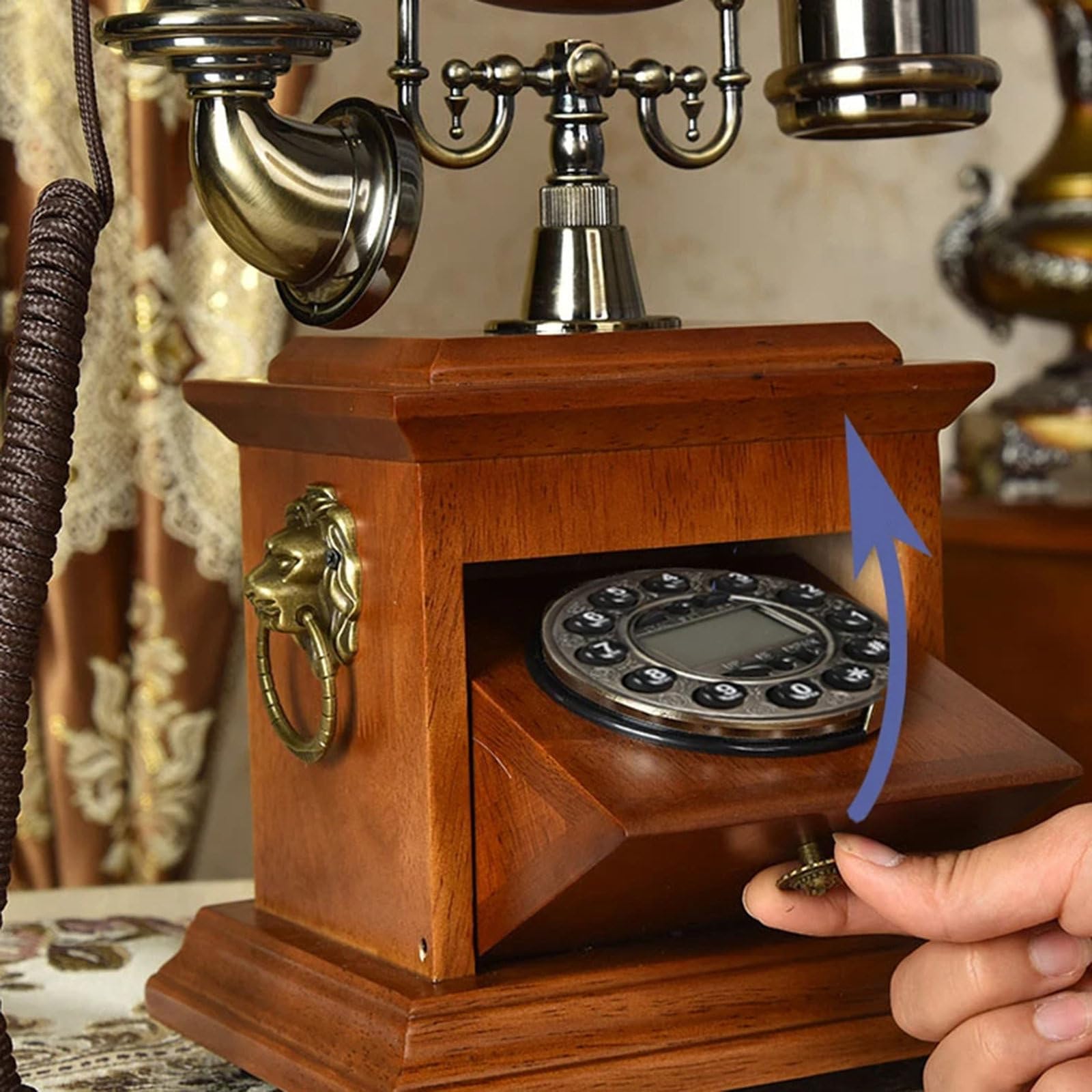 Telefon Retro (19X16X31Cm) - CałKowicie RęCznie Robiony, Telefon Stacjonarny Dla OsóB Starszych (Lite Drewno + Metal), Roczna Gwarancja, Do Salonu, Biura, Hotelu,A