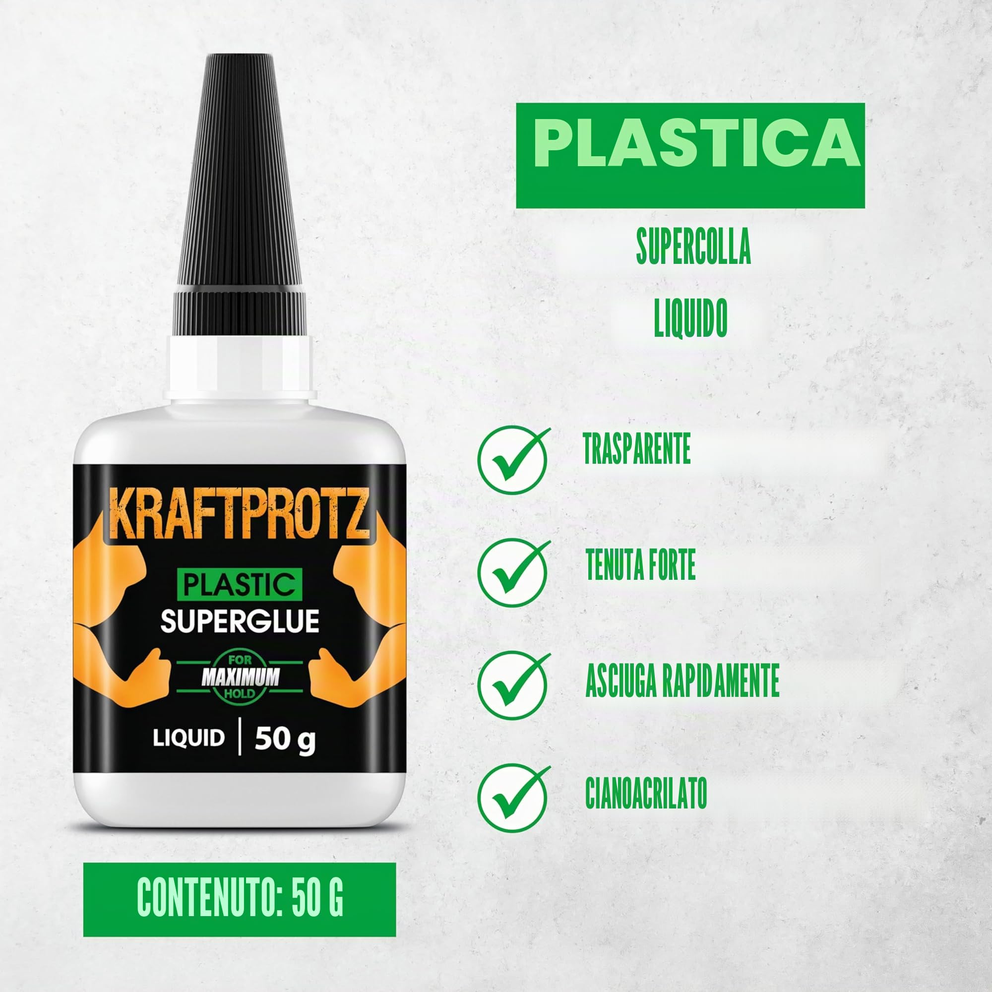 Colla istantanea liquida per plastica extra forte – KRAFTPROTZ XXL 50 g – trasparente, impermeabile e resistente al calore – punta anti-secco – adesivo per plastica, acrilico, ABS, PVC