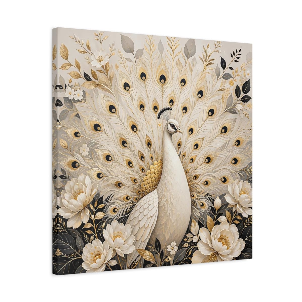 Tableau Paon Blanc et Or de qualité supérieure châssis 3cm - 8