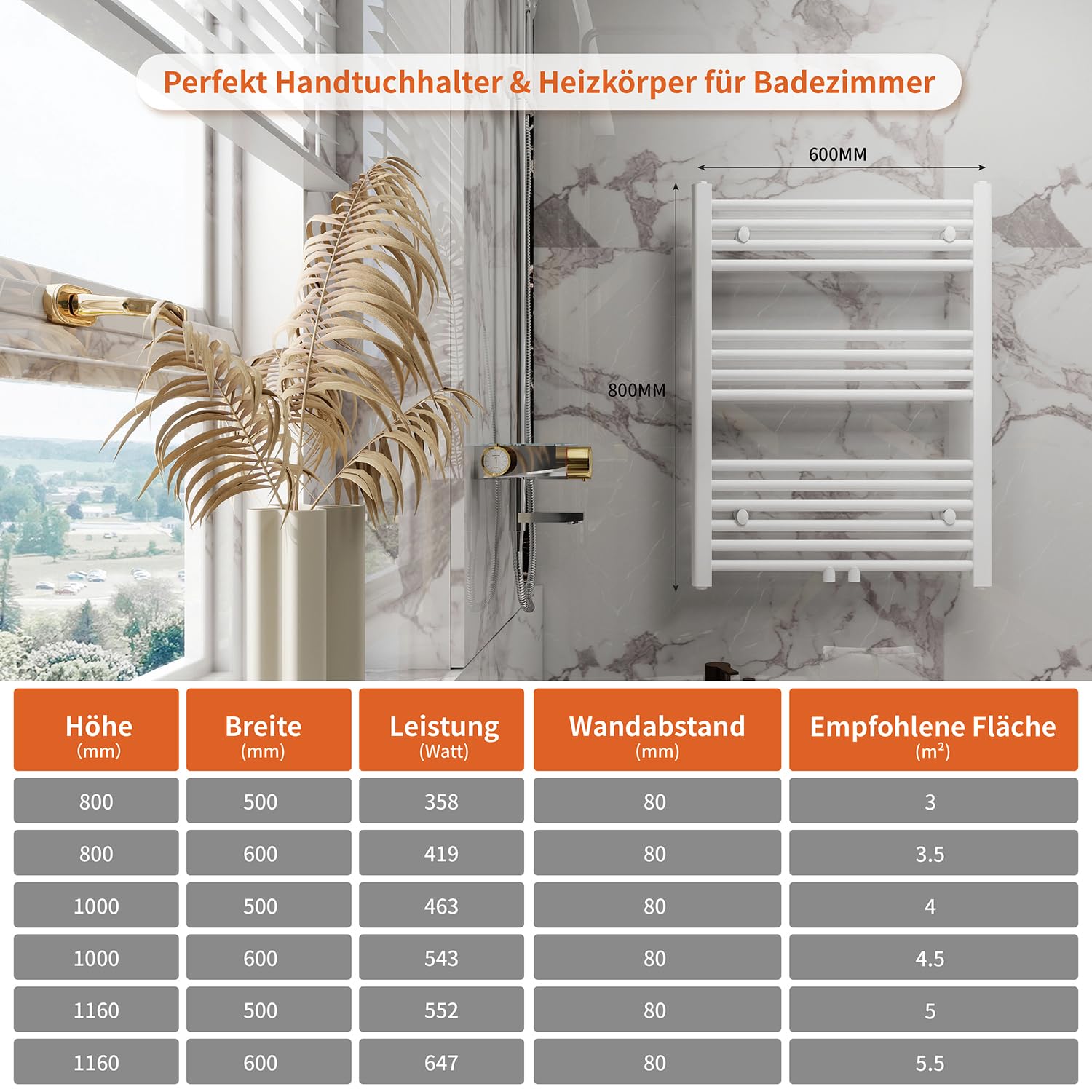 Badheizkörper mit Mittelanschluss, Handtuchheizkörper & Handtuchtrockner, Einfach Installation Bad Heizkörper Handtuchwärmer, Bequem Badezimmer Handtuchhalter Handtuchleiter (Weiß, 800x600mm)