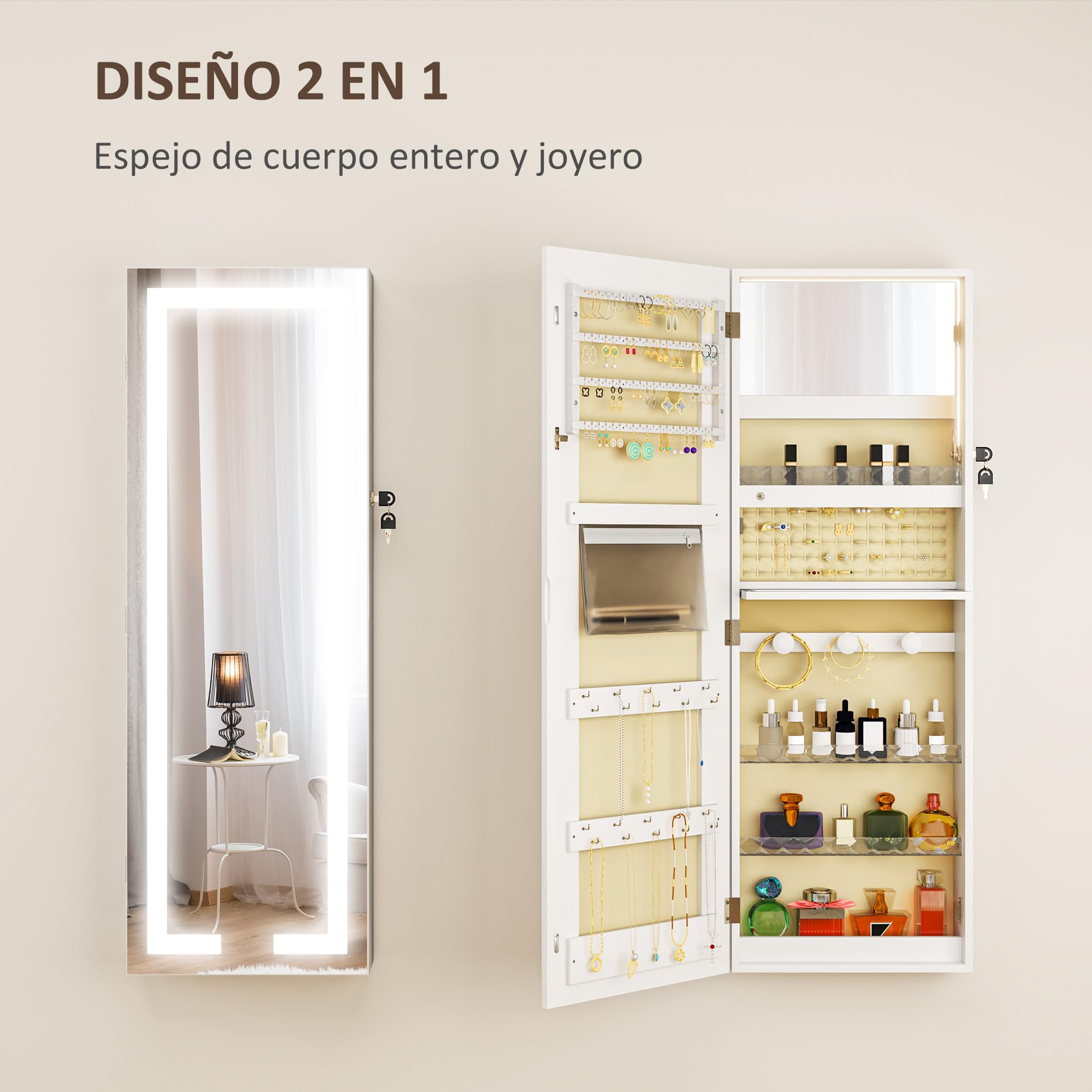 HOMCOM Espejo Joyero de Pared con Luces LED y Cerradura, Armario para Joyas Colgante, Blanco y Forro Crema