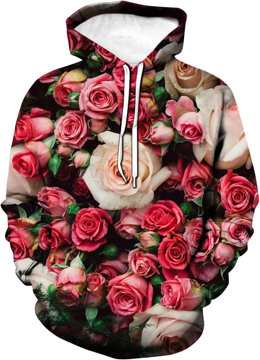 HisayheMen's Casual Hoodie Floral Rose 3D Fashion Hooded Sweatshirt Pullover