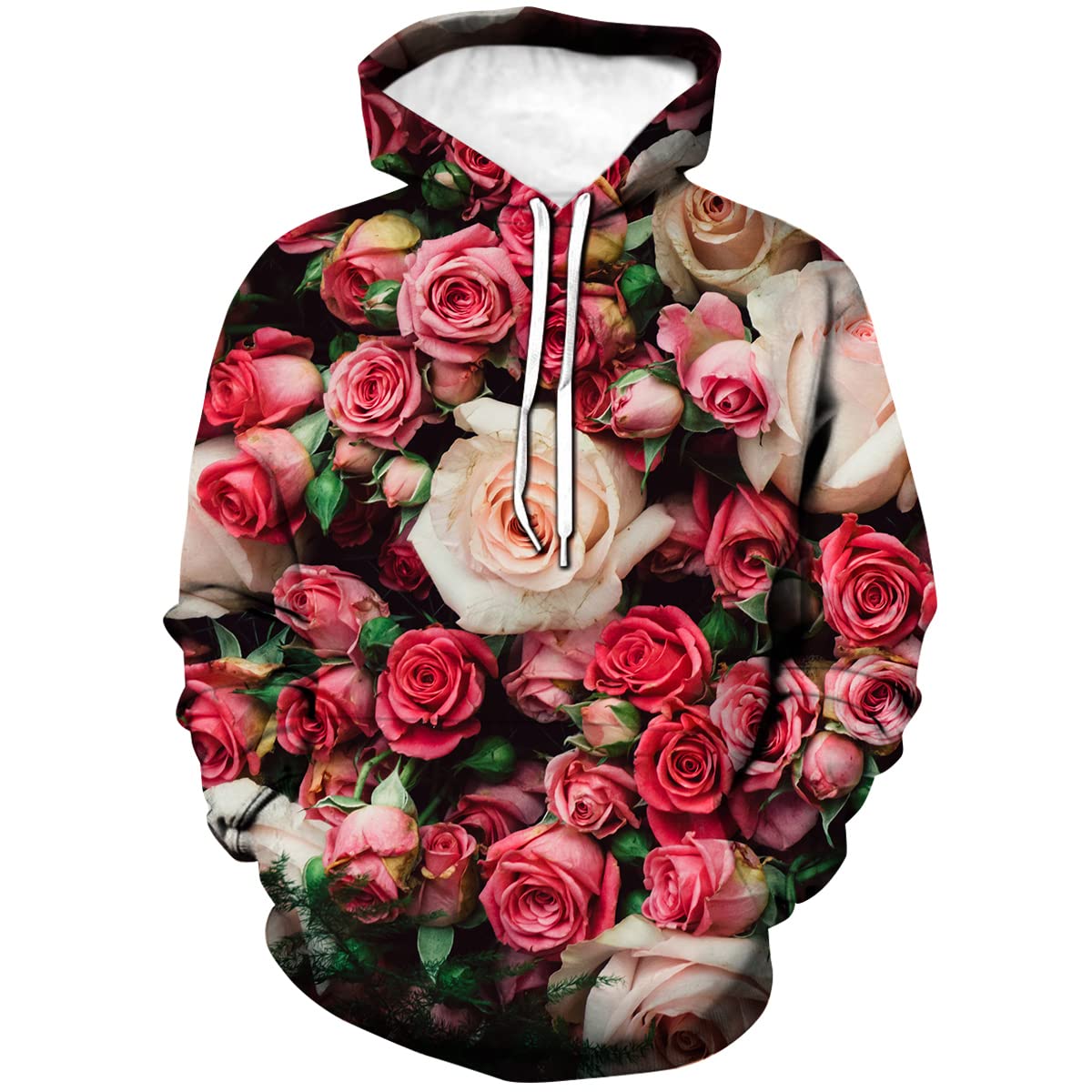 HisayheMen's Casual Hoodie Floral Rose 3D Fashion Hooded Sweatshirt Pullover