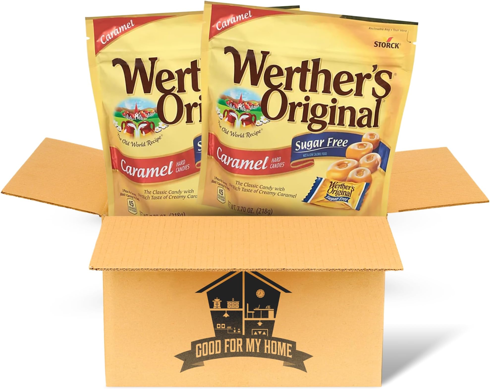 Sugar Free Hard Caramel Candy Big Pack. Two-7.70 Oz Bags of Original Caramel Sugar Free Hard Candy in a Good For My Home Box. Individually Wrapped Original Hard Candy for Sharing!