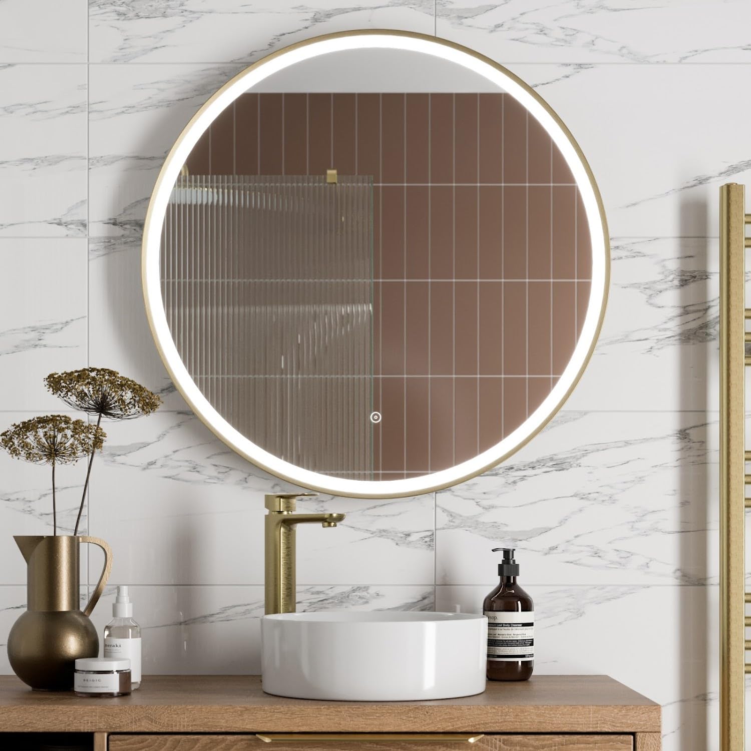 Baystone Brushed Brass Baystone® 800 X 800Mm Bathroom Mirror With Led Lights Wall Mounted Demister Illuminated Mirrors For Bathrooms, Mains Powered, Touch Sensor