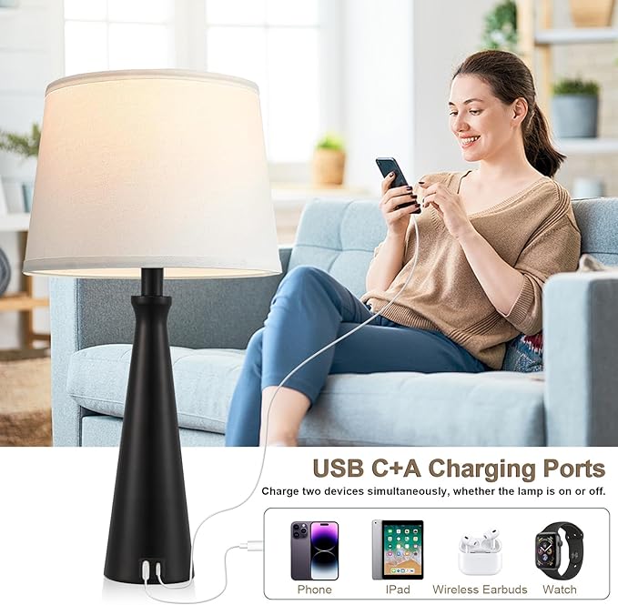 Lámpara de Mesa Seealle Táctil LED con USB A+C, 2 Unidades, 22.4 pulgadas miniatura 3