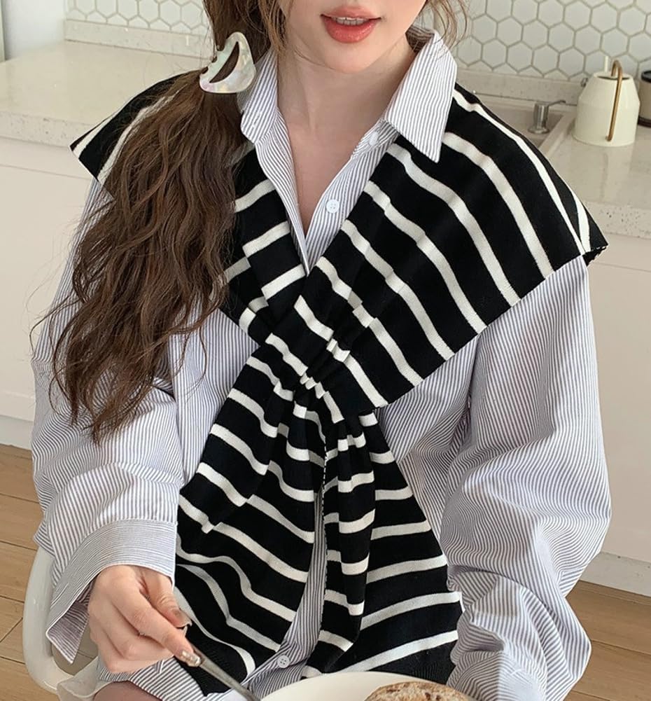 Women’s Striped Sweater Shawl Wrap Fashion Knitted Tie-Up Cardigan Cape Travel Pashmina Scarf Wraps Shoulder Top - Image 5