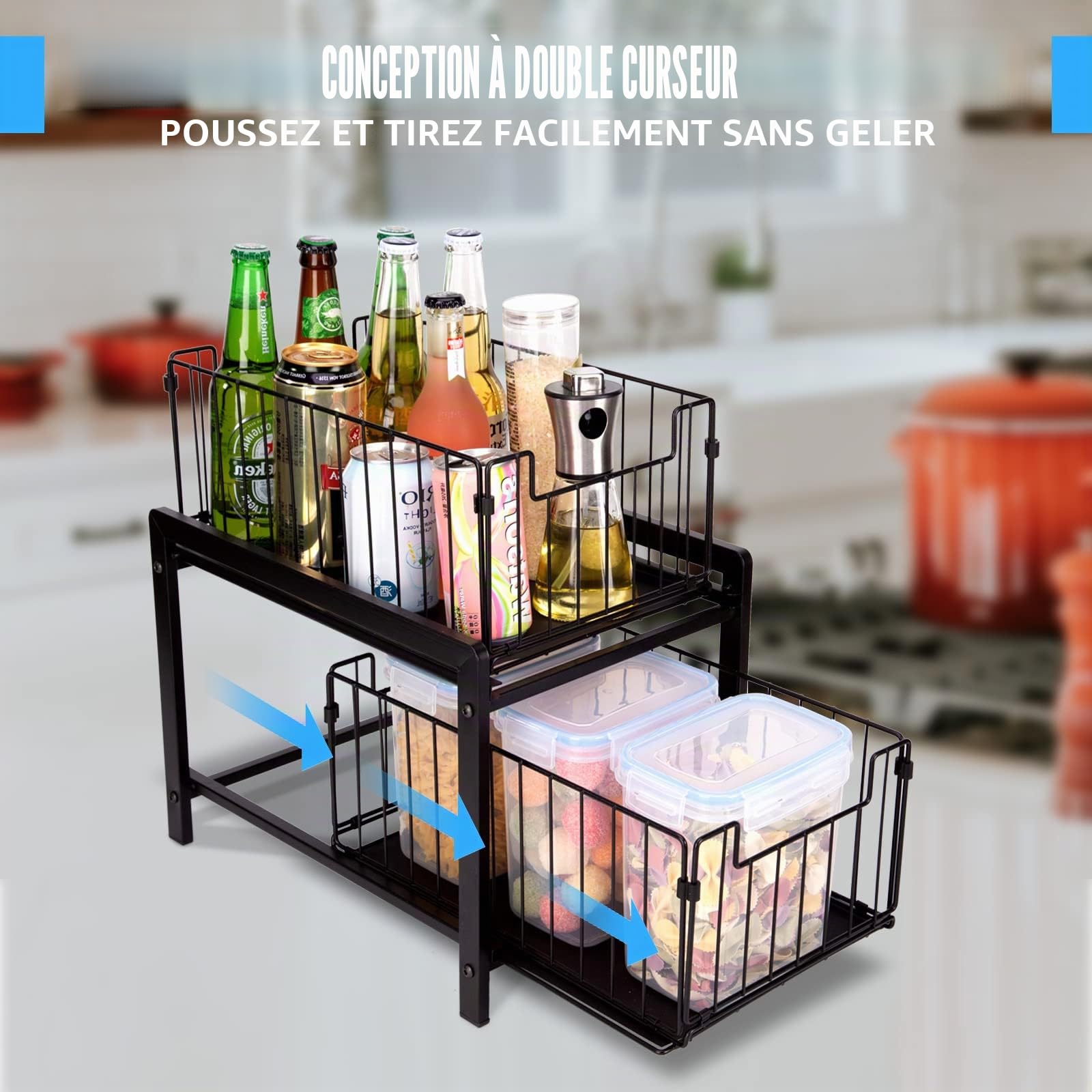 Organiseur de Placard à 2 Niveaux Panier de Rangement Cuisine Étagère de Tiroir sous Évier Organisateur d'armoire empilable pour Cuisine Salle de Bain