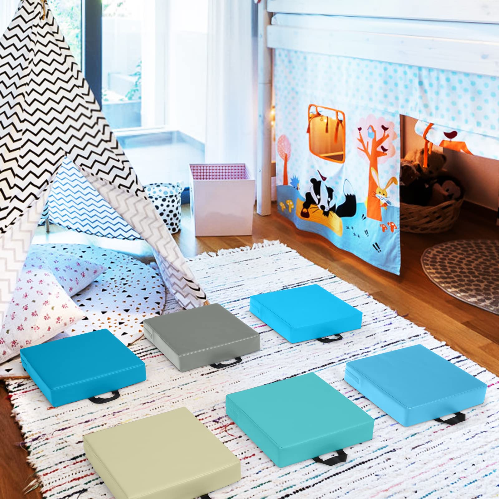 GOPLUS Juego de 6 cojines para silla infantil, cojín de suelo con asa, cojín de piel sintética y espuma, fácil de limpiar, redondos/rectangulares, apilables para un fácil almacenamiento, multicolor en