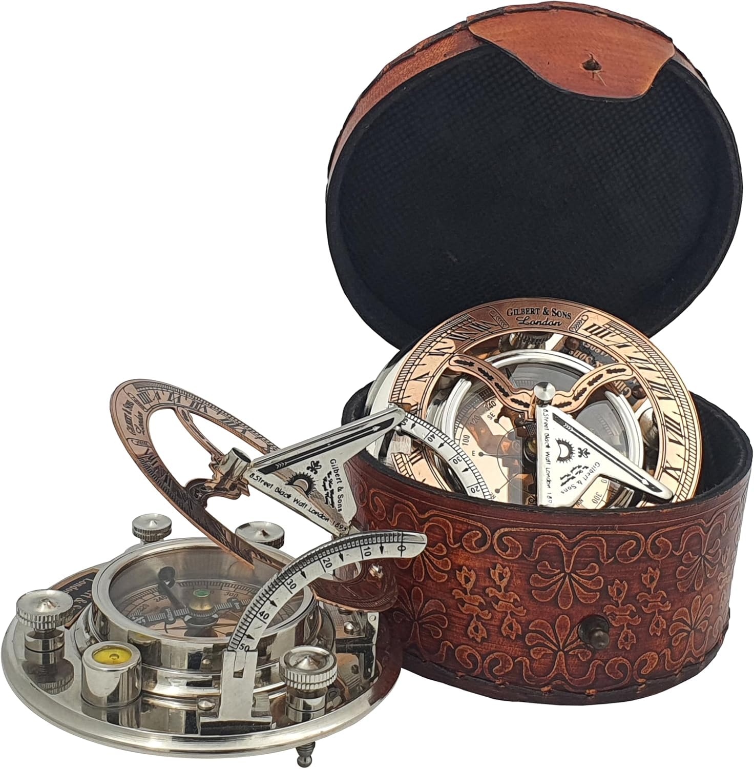 Boussole à cadran solaire en laiton antique et cuivre, réplique de montre, boîte cadeau