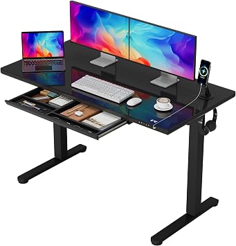 Furmax One-Piece Electric Standing Desk Height Adjustable Sit Stand Desk | with One-Piece Desktop & USB Charging Port for Computer Desks Black Glass, 48 Inch