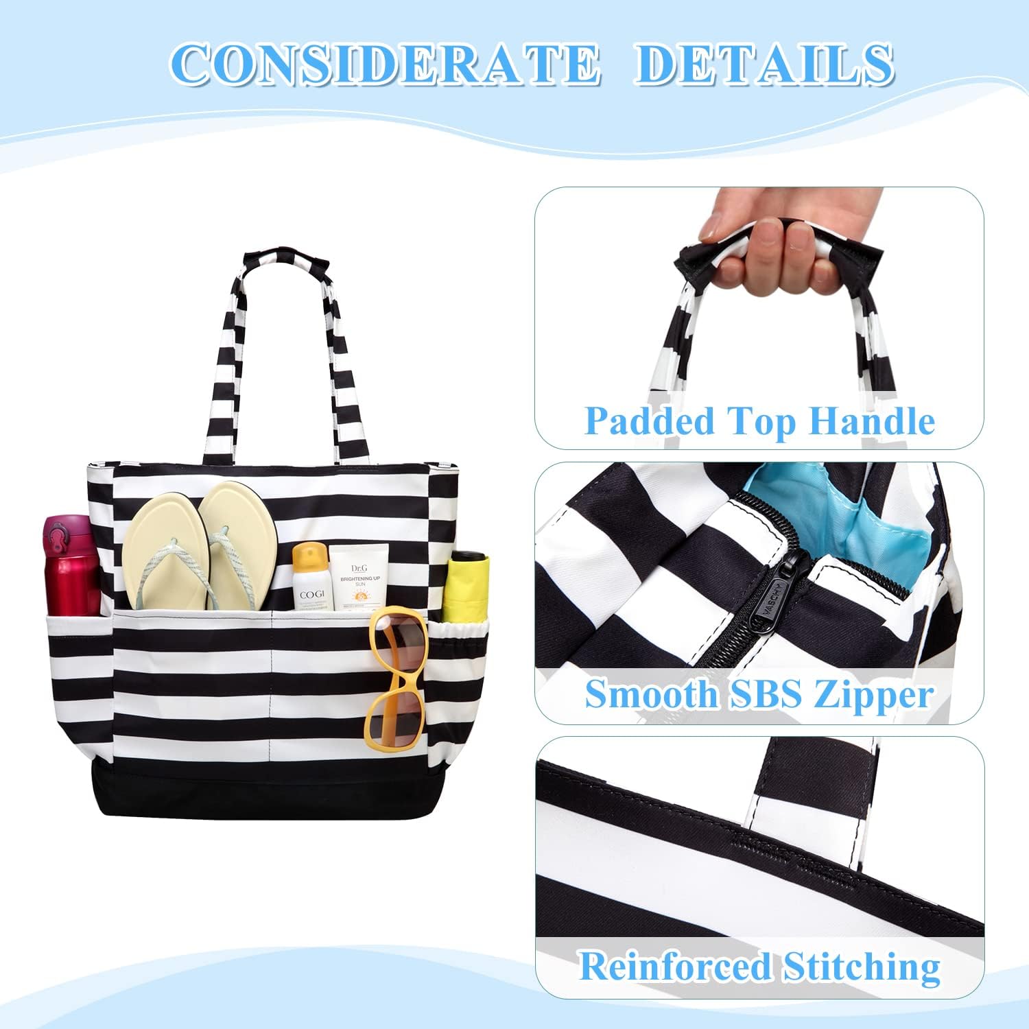 VASCHY Beach Bag for Women, Large Waterproof Sandproof Fold-able Packable Pool Tote Bag w Zipper/Pockets - Image 3