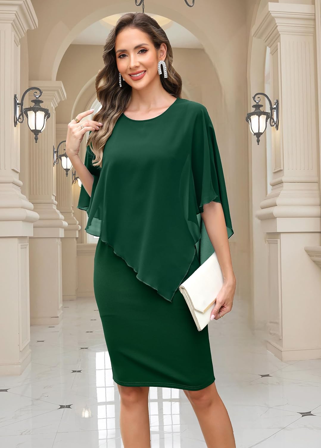 oten Women's Chiffon Wedding Guest Dress Crew Neck Cape Sleeveless Cocktail Birthday Party Midi Dresses - Image 2