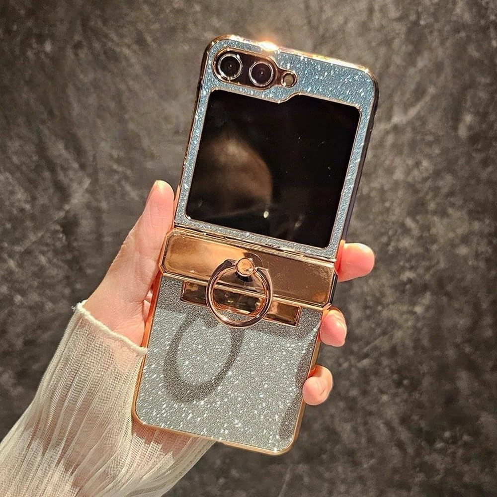 Etui z uchwytem na pierścionek, brokatowe, diamentowe, gradientowe, do Samsunga Galaxy Z Flip 6 5 4, 3 uchwyty, błyszcząca, twarda powłoka, niebieskie, do Samsunga Galaxy Z Flip 6