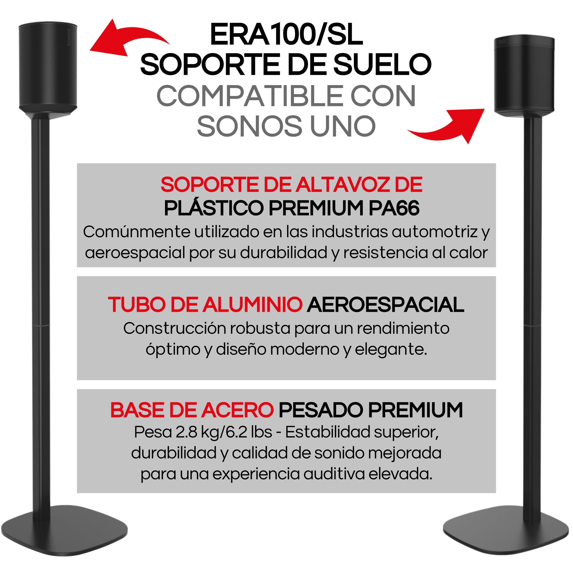 Sound bass ERA 100 Soporte de Suelo, Paquete Doble (2pcs), Compatible con Sonos ERA100 & ERA 100 SL, Sonos One & Play:1 Speakers, Accesorios Incluidos, Diseñado en el Reino Unido, Doble, Par (Negro)