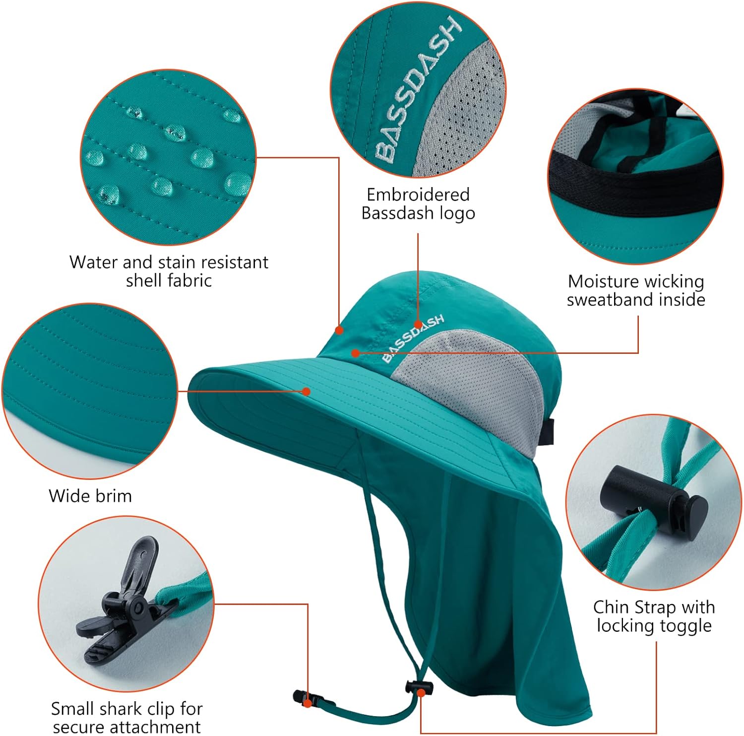 BASSDASH UPF 50+ Unisex Water Resistant Wide Brim Sun Hat with Large Neck Flap Ponytail Fishing Hat for Men Women