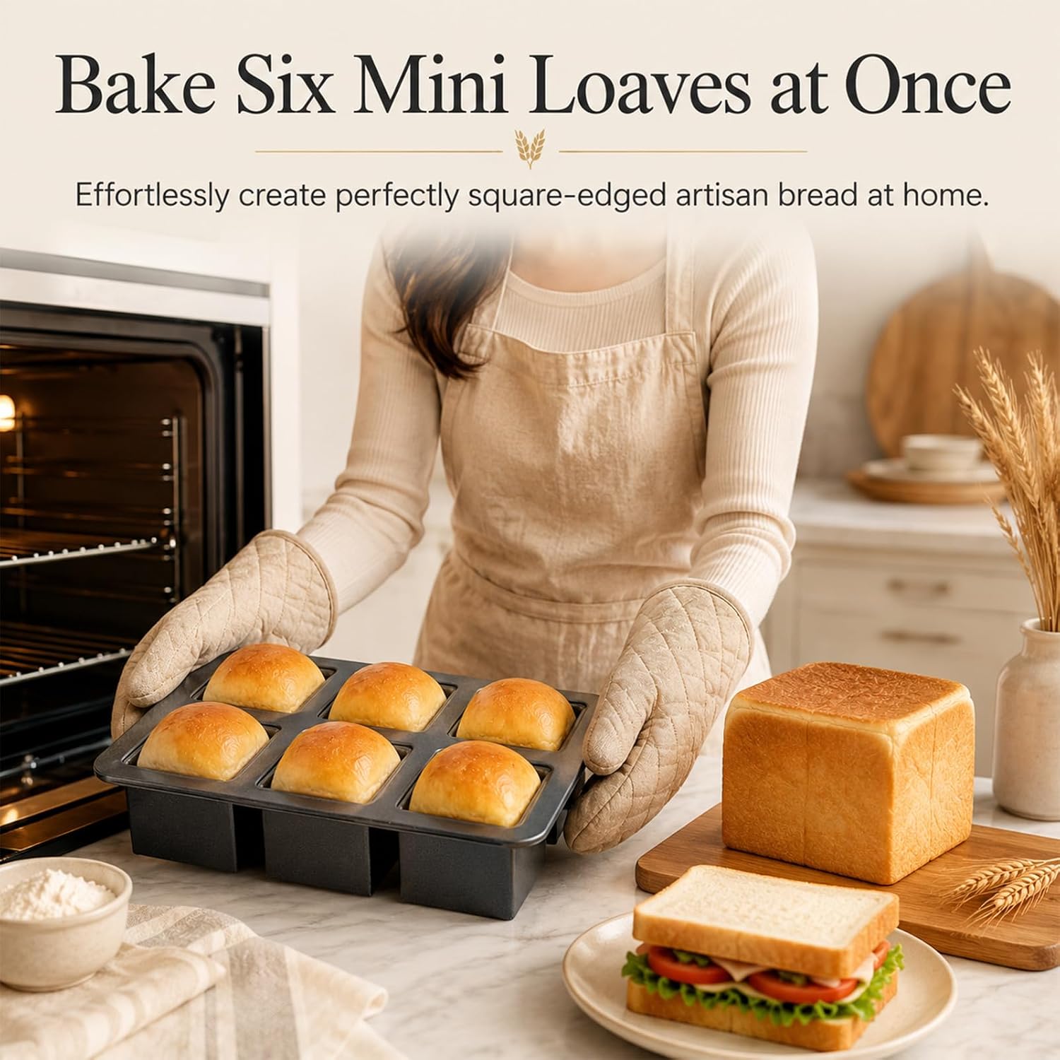 6-Cavity Mini Pullman Loaf Pan with Lid, Nonstick Bread Baking Mold