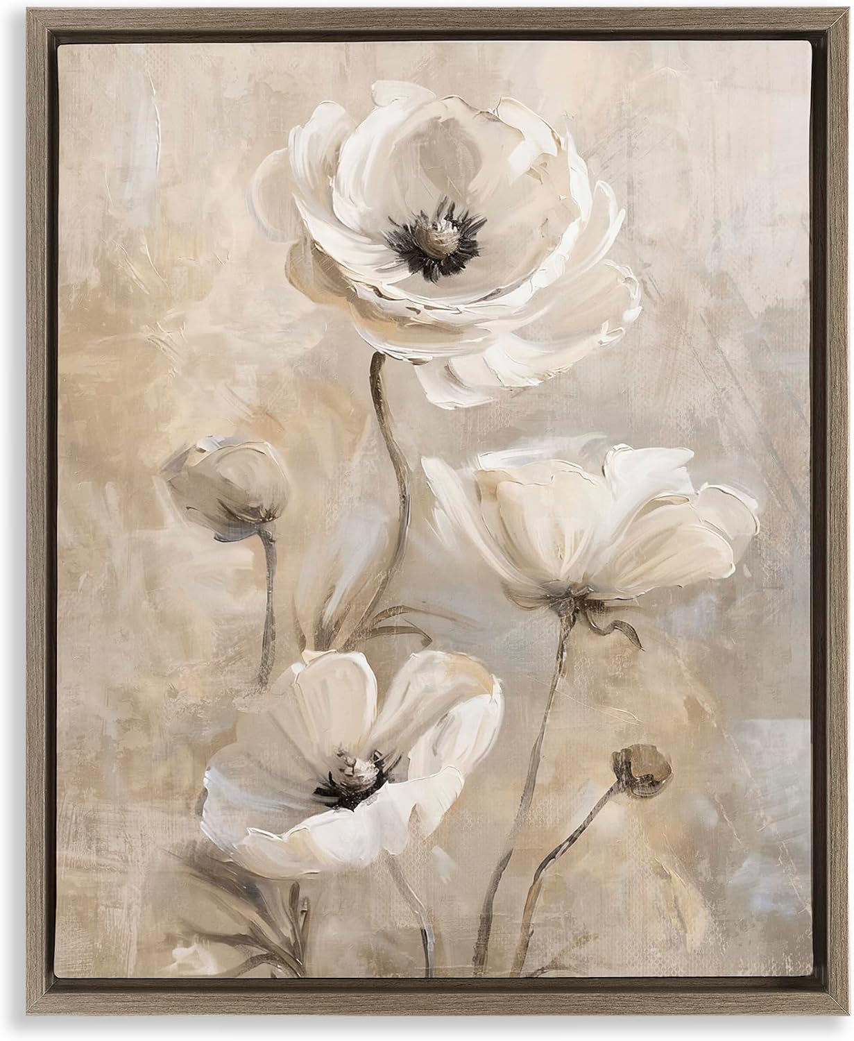 Natural Beige Poppies Floral, 16 x 20 Inch Canvas in Floater Frame | Stupell Industries · By Nina Blue · Ready to hang once unboxed · Great for living room or dining room · Made in USA