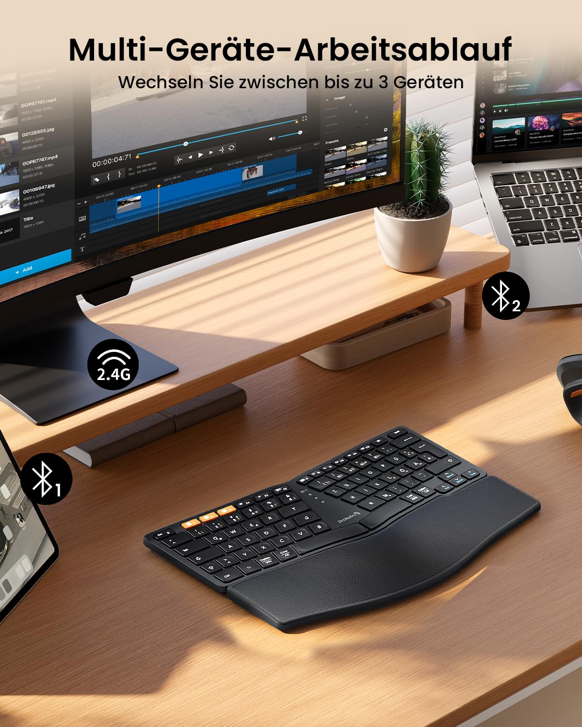 ProtoArc Ergonomiczna klawiatura Bluetooth, EK04 mini bezprzewodowa klawiatura Ergo, kompaktowa z podpórką pod nadgarstek, dzielona konstrukcja, naturalne uczucie pisania, Bluetooth i USB, możliwość