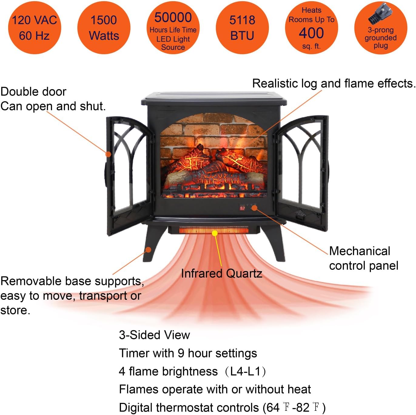 24 inch 3D Flame Electric Infrared Quartz Fireplace Stove with Remote Control