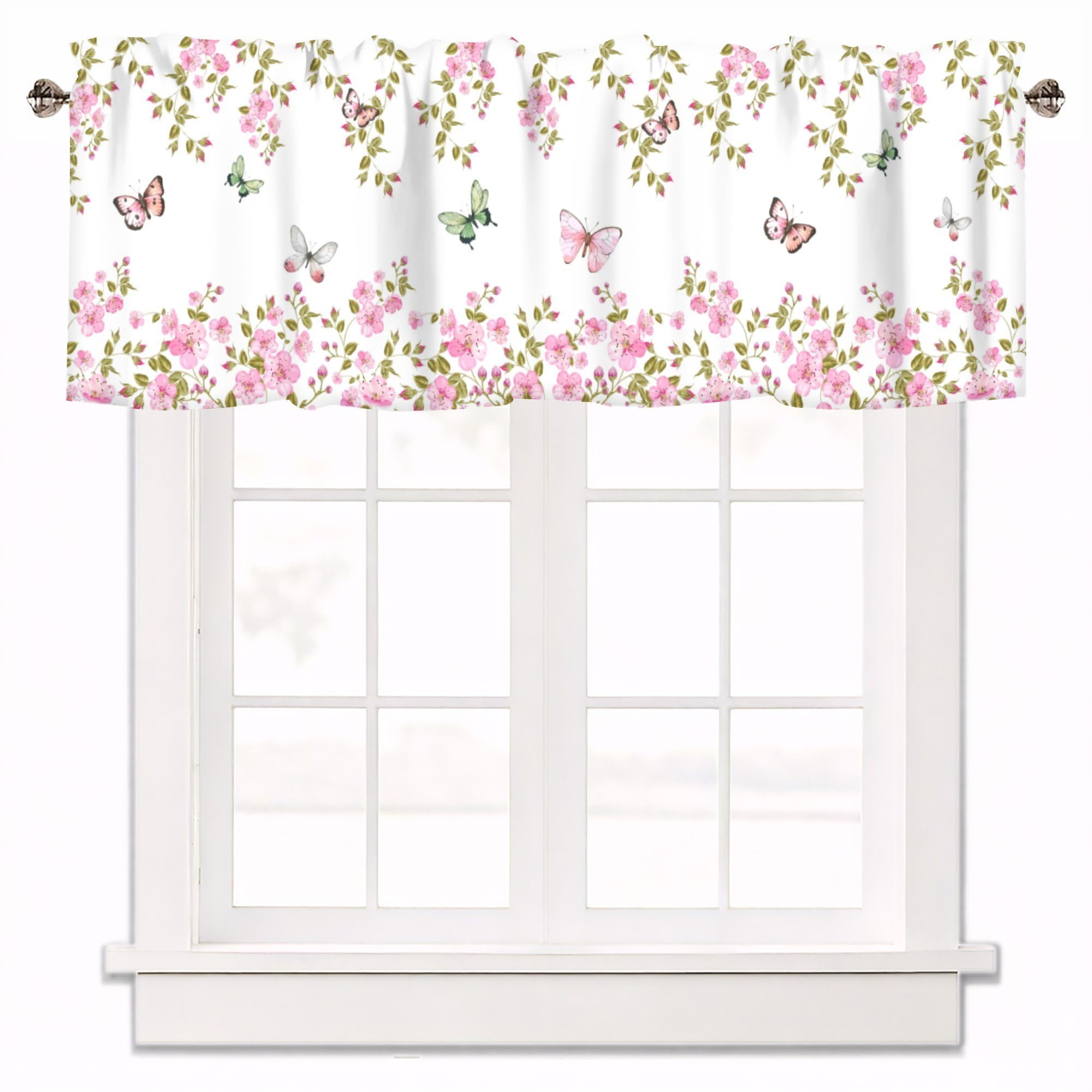 Pink Floral Curtain Valances for Windows 1 Panel, 42x12 in