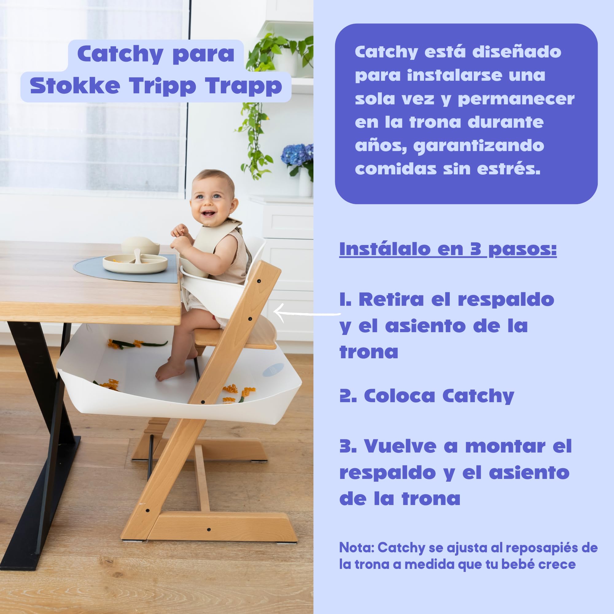 CATCHY Recogedor de Comida, Compatible con Stokke Tripp Trapp, Trona de bebe No Incluida, Recogedor de Comida y Restos para Bebés y Niños, Accesorio para Bajo de la Trona. Blanco