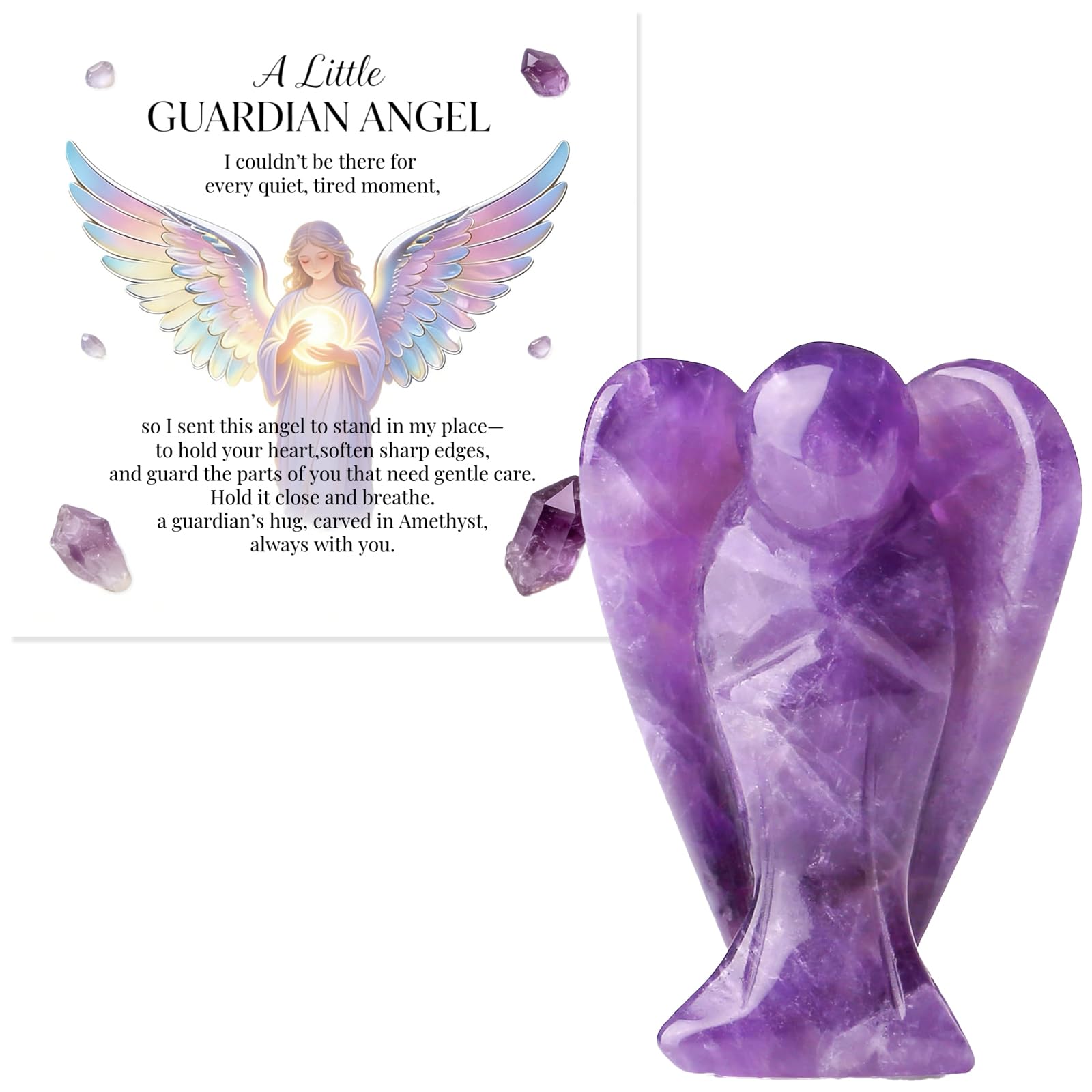 Amethyst Guardian Angel Healing Crystal Gifts for Women, Purple Spiritual Angel Ornament Figurine with Card, Inspirational Grief Sympathy Gift for Room & Desk Decor