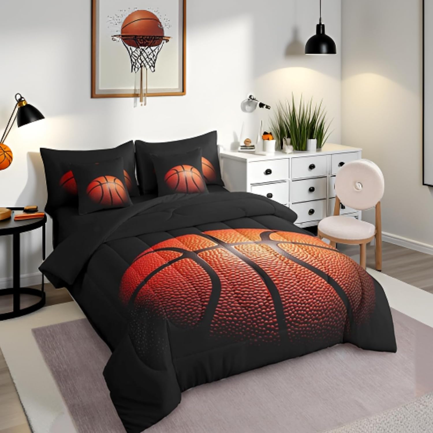 Erosebridal Queen Size Basketball Comforter Set for Boys Kids,Black and Brown Basketball Bedding Sets for Teens,Sports Ball Games Bed in A Bag 7 Piece Breathable,Ball Room Decor for Boys