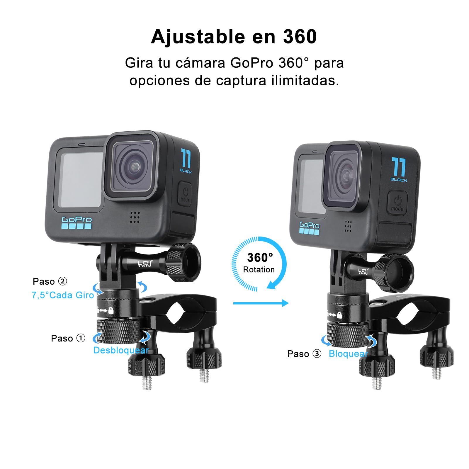 HSU Soporte de Manillar para GoPro, 360 ° Rotación de Monturas de Cámarad de Acción la Motocicleta y Bicicleta Accesorios (Negro)