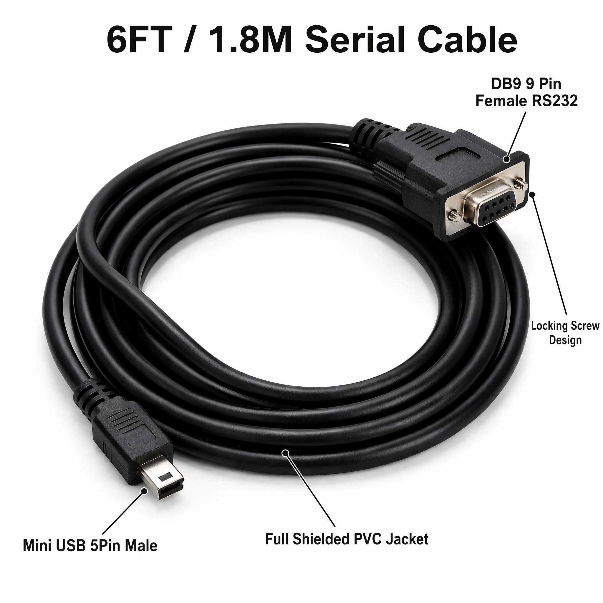 Adaptador serie USB a RS232, mini USB de 5 pines macho a DB9 de 9 pines hembra, cable convertidor serie de 1,8 m