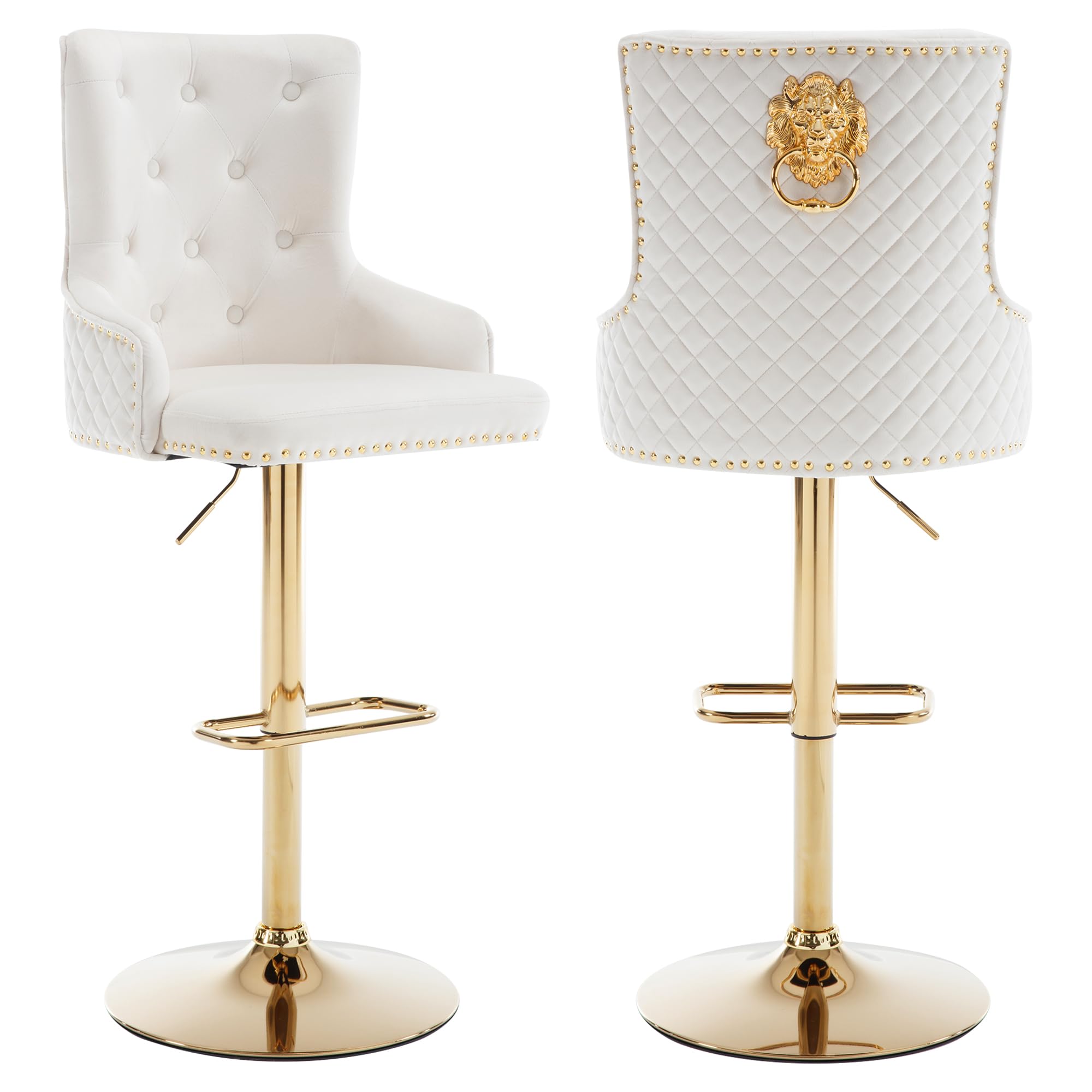 ABET Bar Stools Set of 2, Golden Base Counter Height Stools with Footrest, Velvet Adjustable Swivel Kitchen Island Chair with Upholstered Tufted High-Back, Lion Head Ring Nailhead Trim, Beige