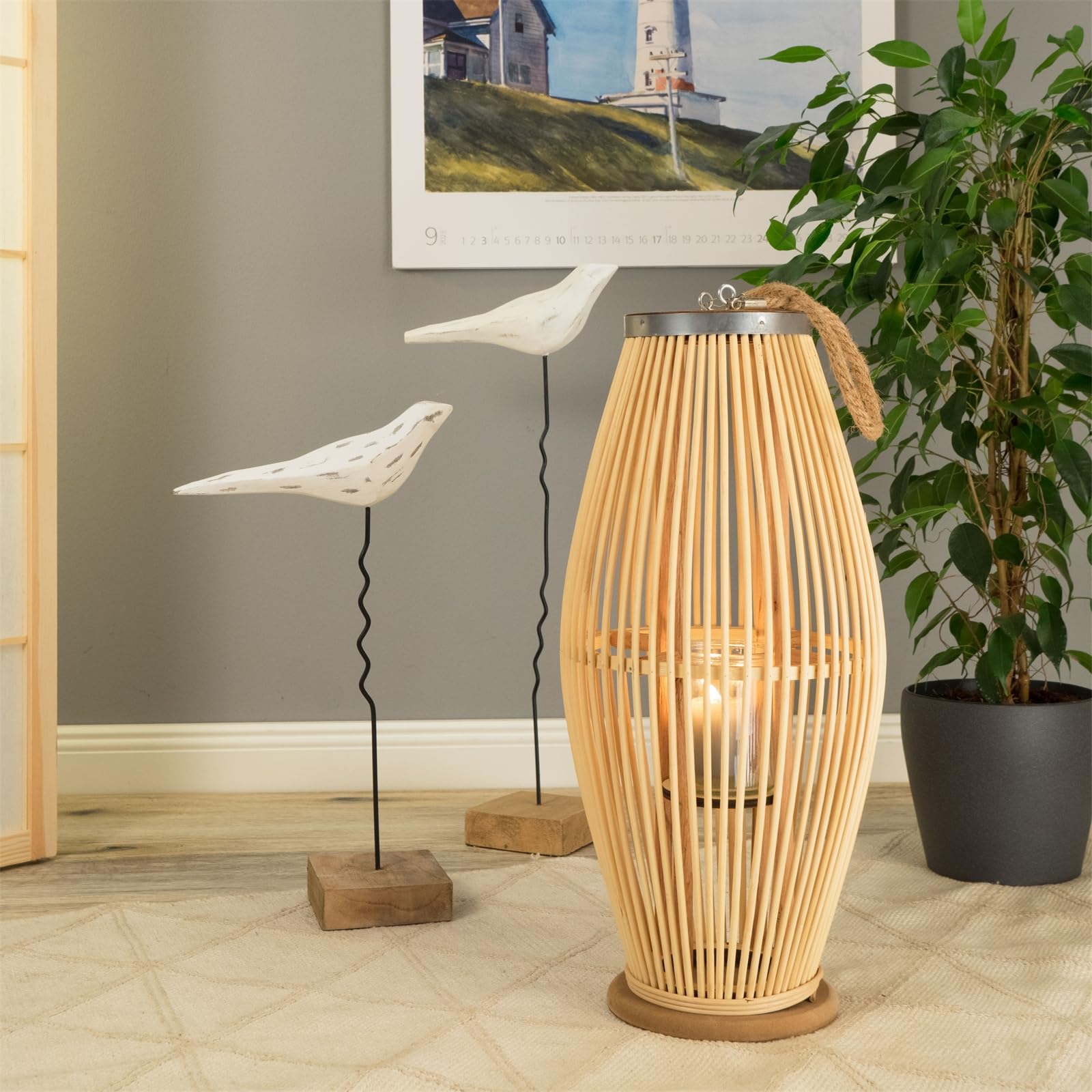 Zya - Lanterna in bambù con manico e inserto in vetro, portacandele in legno, portacandela antivento, lanterna decorativa per balcone o appartamento coperto, dimensioni: 70 cm