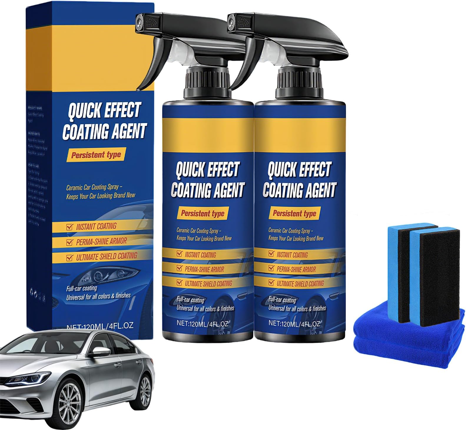 Nano Quick Coat, Car Coating Spray - Auto Shine & Surface Care with Sponge & Cloth, Effortless Spray & Wipe for Long-Lasting Gloss (4FL.OZ) (2 Sets)