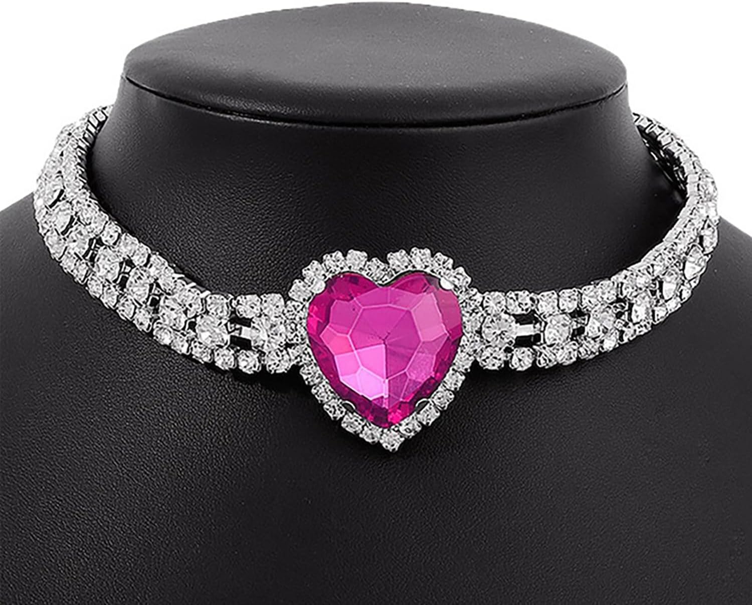 Aktully Rhinestone Heart Choker Necklace for Women Dainty Crystal Big Heart Necklace Pink Heart Statement Necklace for Women Birthday Party Prom Jewelry Accessories - Image 6