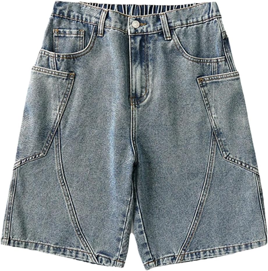 Men's Solid Color Casual Elastic Button Zipper Stitching Washed Straight Denim Shorts