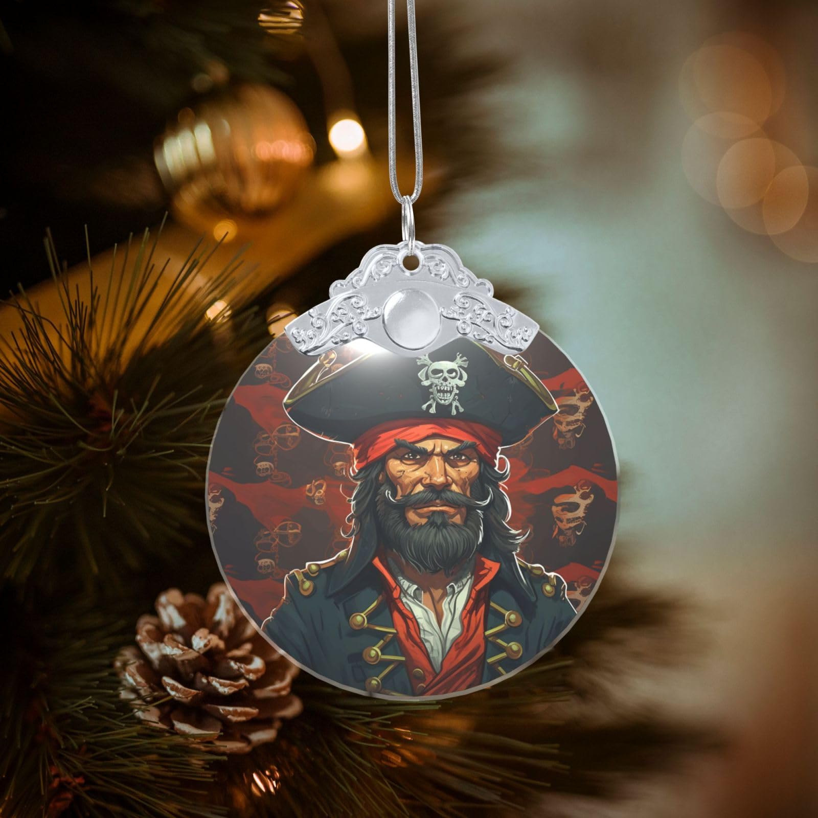 Crystal Christmas Ornaments for Christmas Tree Decoration Hanging Pirate Captain Ornament with Gold Ribbon Crafts Round Pendant for Keepsake Gifts Glass Xmas Decor Party Supplies