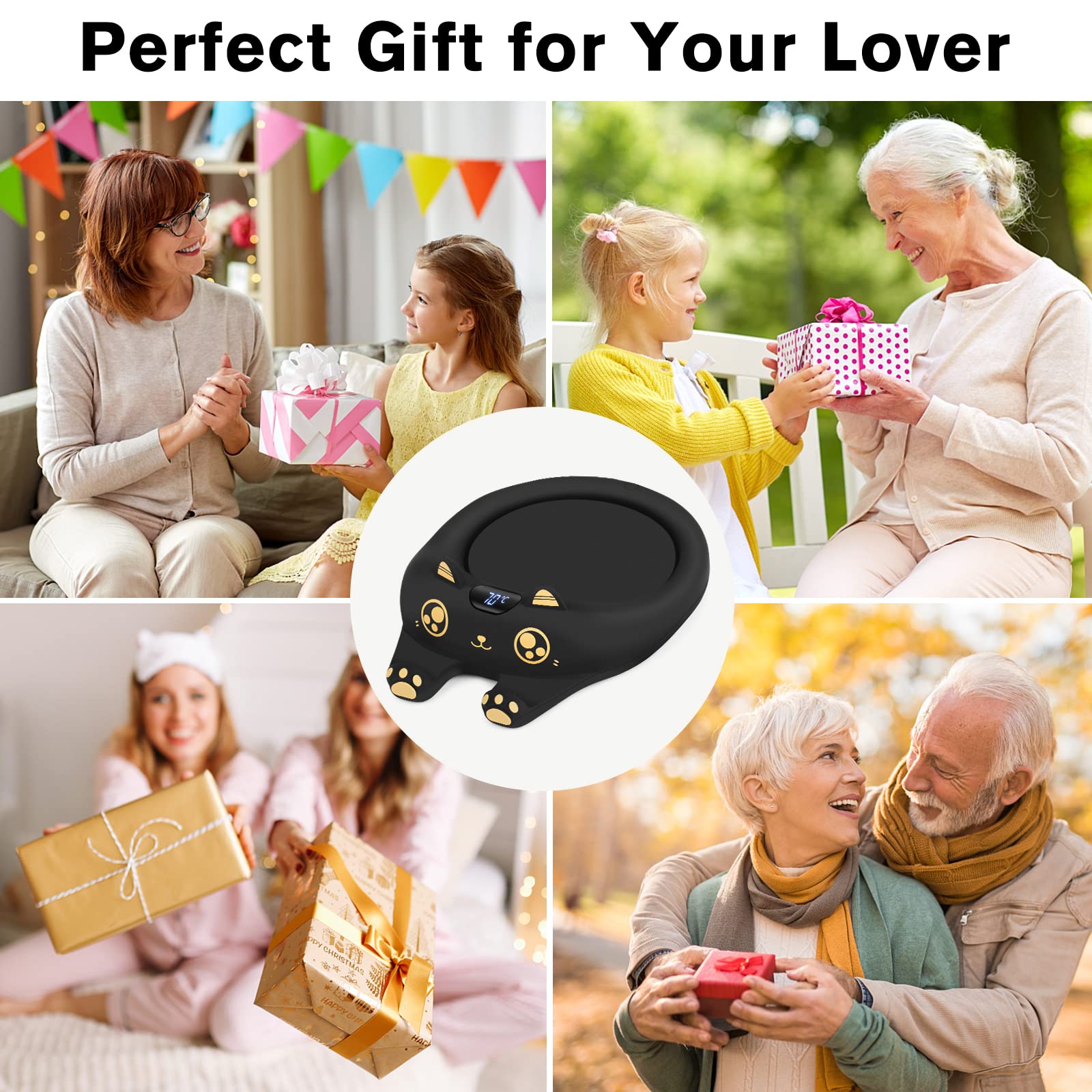 PUSEE Coffee Mug Warmer & Cute Cat Mug Set, Coffee Cup Warmer for Desk with Auto Shut Off, Beverage Warmer with 3 Temp Settings, Candle Warmer Coffee Warmer with Mug Set for Christmas & Birthday Gifts: Ador Black