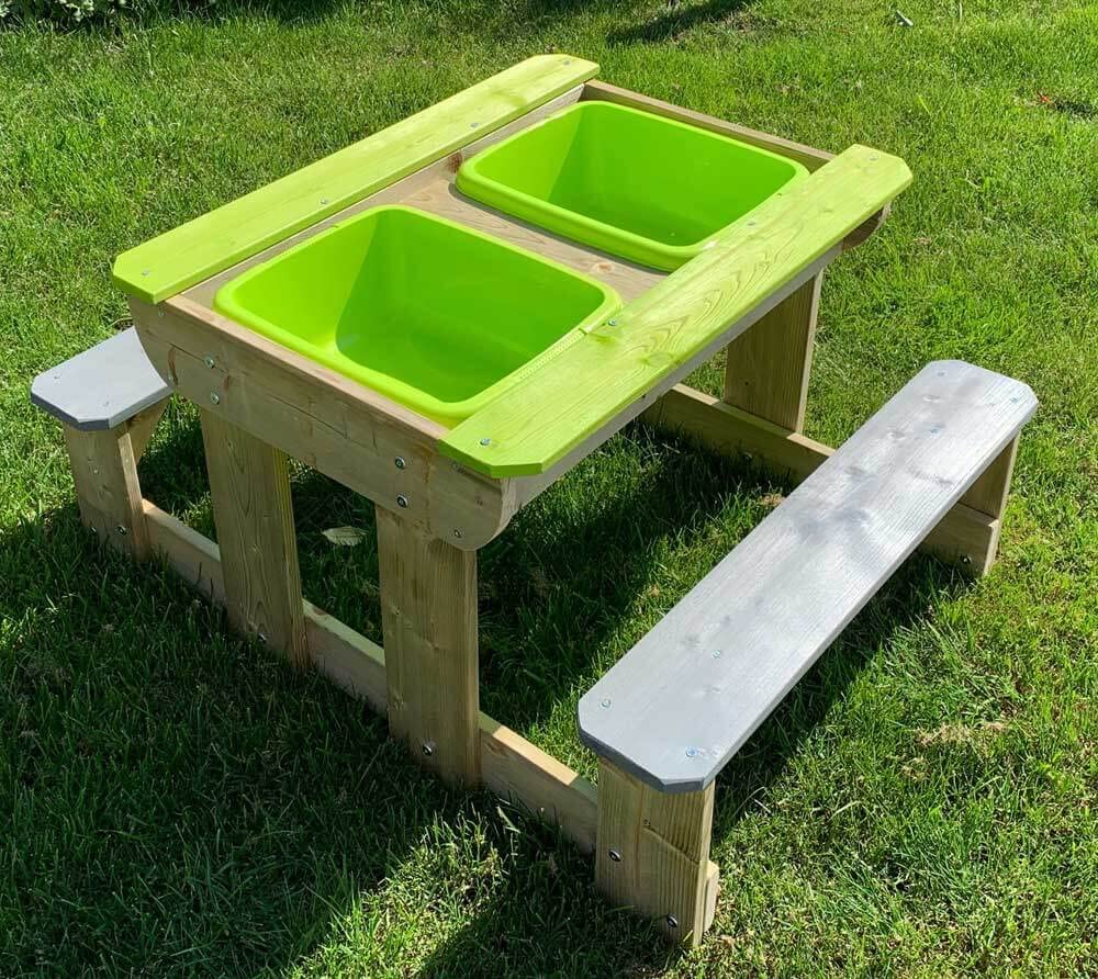Mesa de Picnic con Arena y Agua para Niños con Bancos de Madera y 2 Bandejas Plásticas